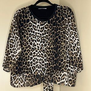 Zara Leopard Print Sheer Bat Wing Blouse w/ Black Sleeveless Attached Camisole